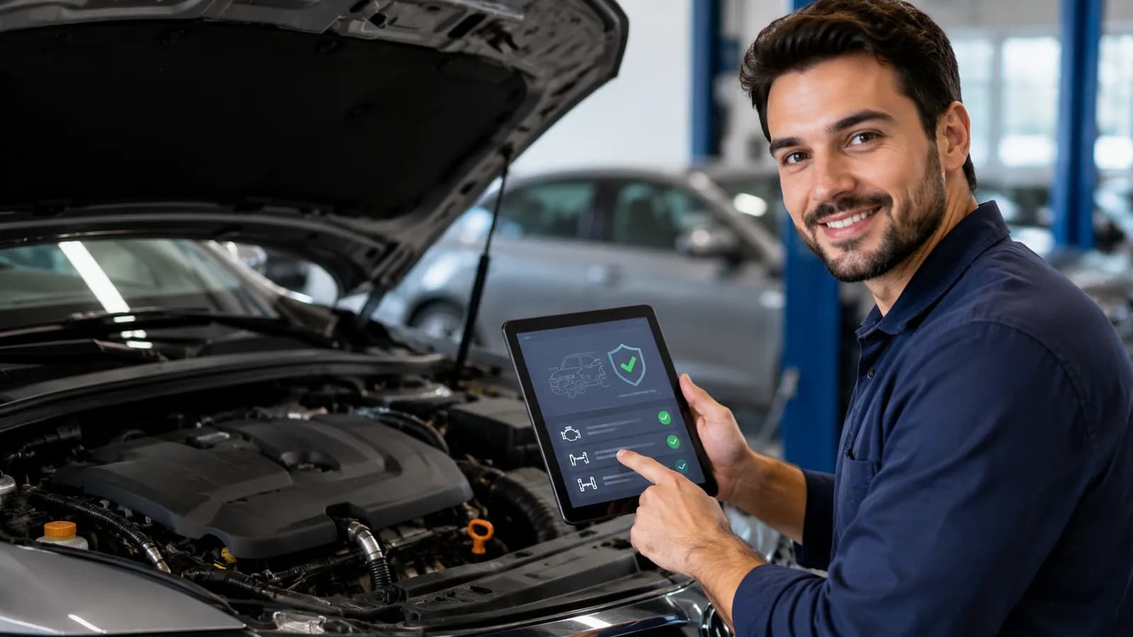 Profissional com tablet ao lado de um veículo com o capô aberto, ilustrando uma consulta de motor.