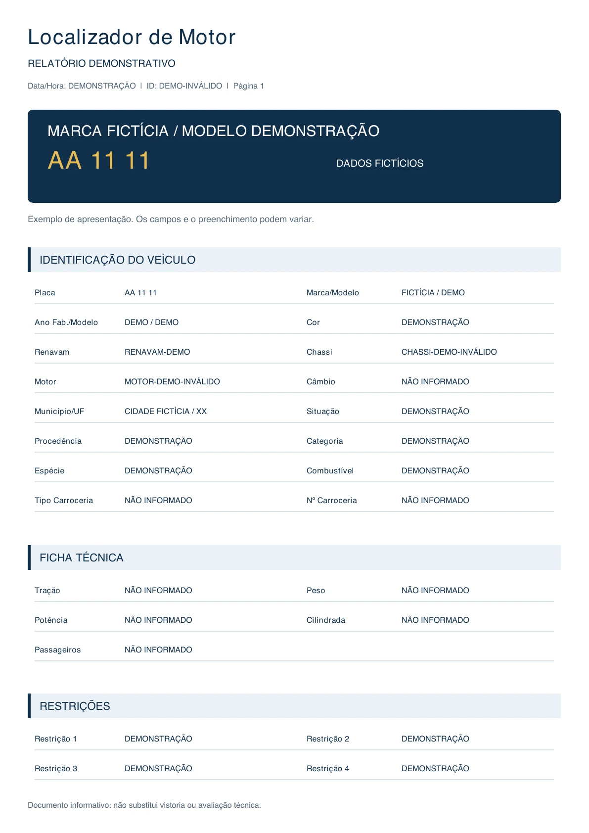 Amostra demonstrativa do relatório de motor com dados fictícios, organizada em identificação do veículo, ficha técnica e restrições.