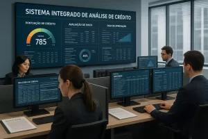 Ambiente profissional de análise de crédito com especialistas avaliando históricos bancários