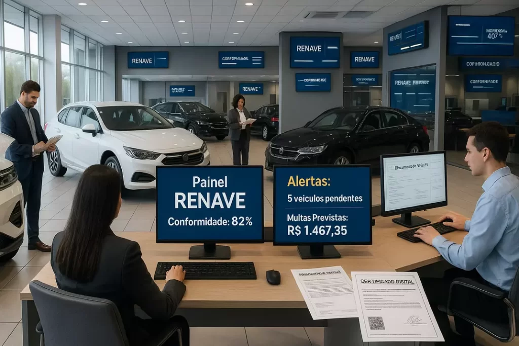 Visão geral de concessionária implementando sistema RENAVE com displays de conformidade e equipe trabalhando