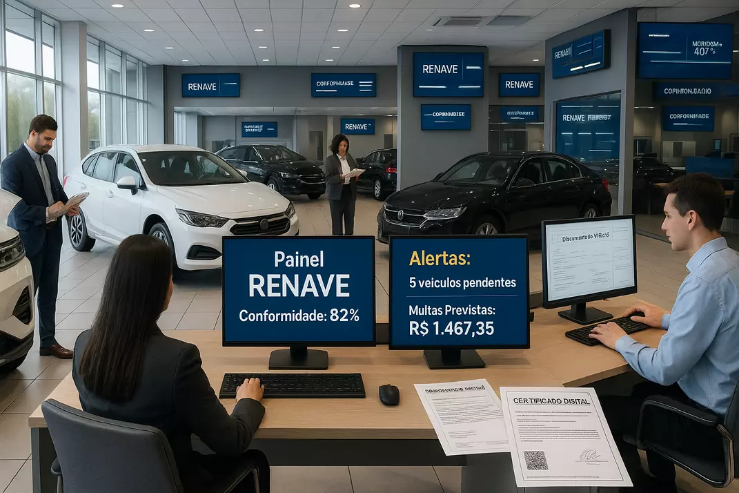 Visão geral de concessionária implementando sistema RENAVE com displays de conformidade e equipe trabalhando