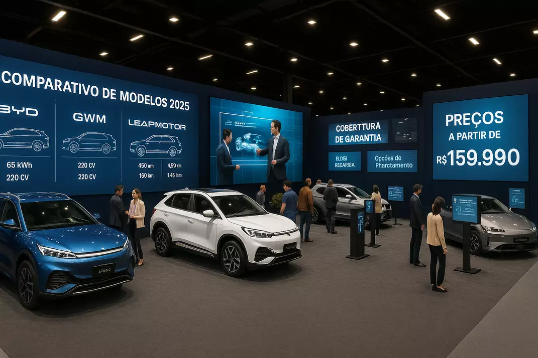 Evento automotivo apresentando novos modelos chineses com displays interativos e especificações técnicas