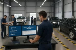 Centro de inspeção veicular com profissionais realizando verificações técnicas e documentais