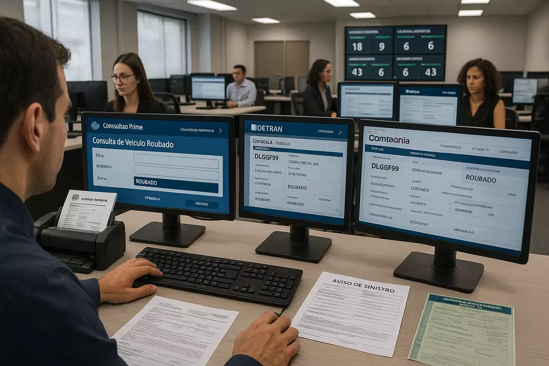 Ambiente profissional de processamento de sinistros com especialistas realizando verificações em múltiplos sistemas