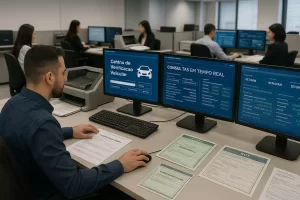 Centro especializado realizando verificações completas de transações veiculares