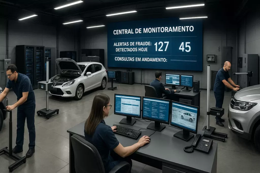 Centro de verificação veicular moderno com profissionais realizando consultas em múltiplas bases de dados