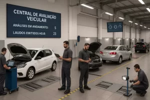 Centro de avaliação veicular com profissionais realizando inspeções técnicas em diversos veículos