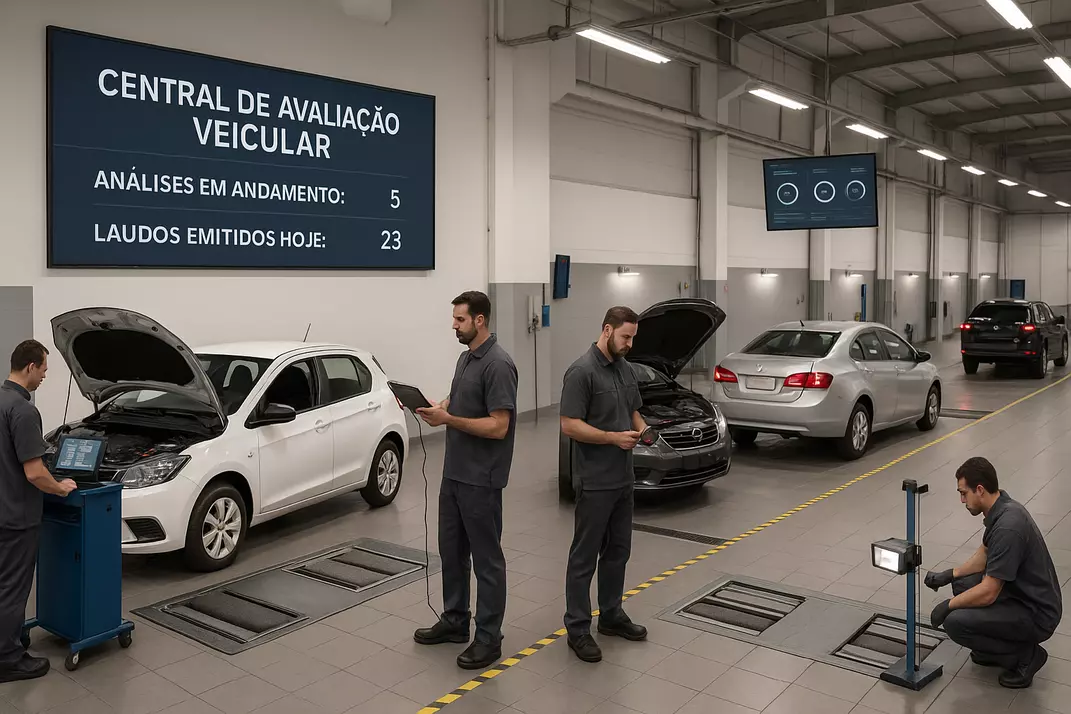 Centro de avaliação veicular com profissionais realizando inspeções técnicas em diversos veículos