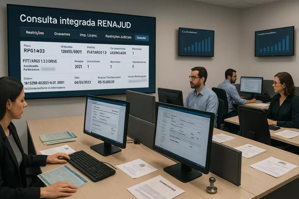 Ambiente profissional com especialistas realizando consultas no sistema RENAJUD e análise de documentos veiculares