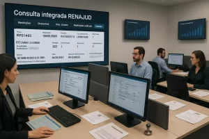 Ambiente profissional com especialistas realizando consultas no sistema RENAJUD e análise de documentos veiculares