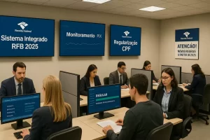 Centro especializado em regularização de CPF mostrando profissionais e sistemas de atendimento