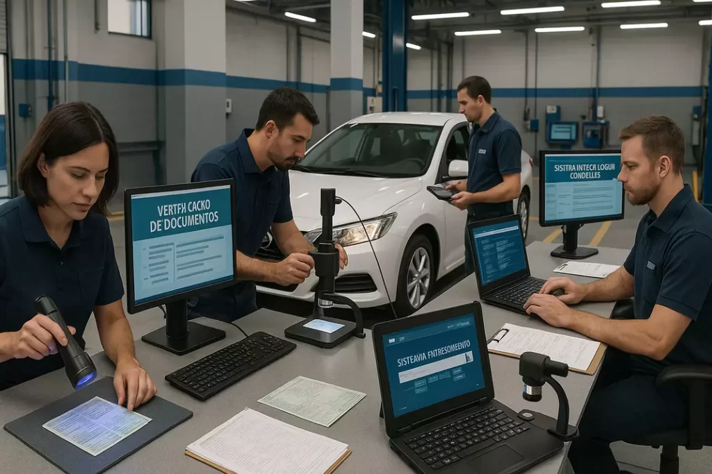 Centro de inspeção veicular moderno com peritos realizando verificações em múltiplas estações de trabalho