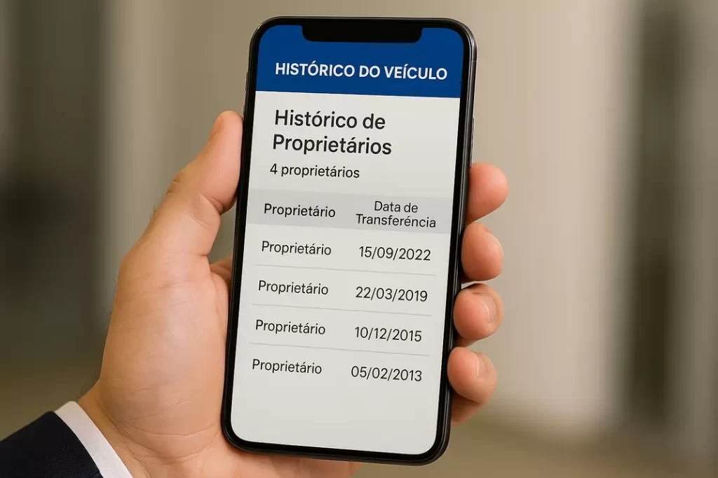 histórico proprietários veículo sendo consultado em aplicativo móvel