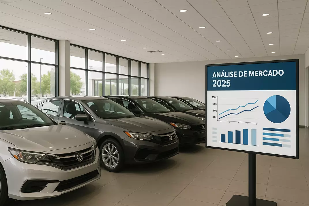 Mercado de carros usados 2025 - concessionária moderna com dados estatísticos