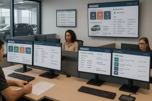 Visão geral de escritório de revenda automotiva com equipe operando o sistema Renave em múltiplas estações de trabalho